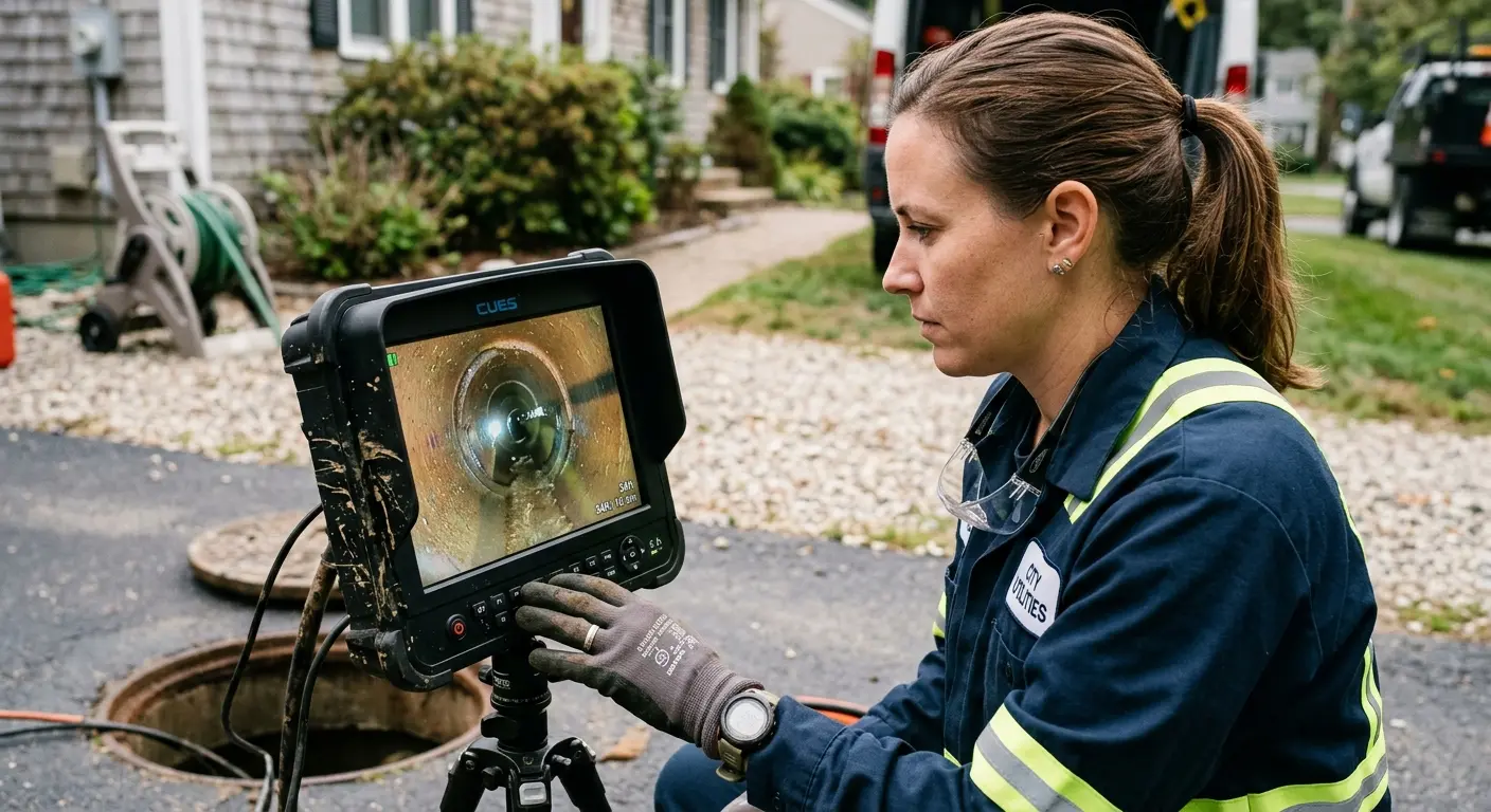 Technician reviewing sewer camera inspection footage in Bear Creek