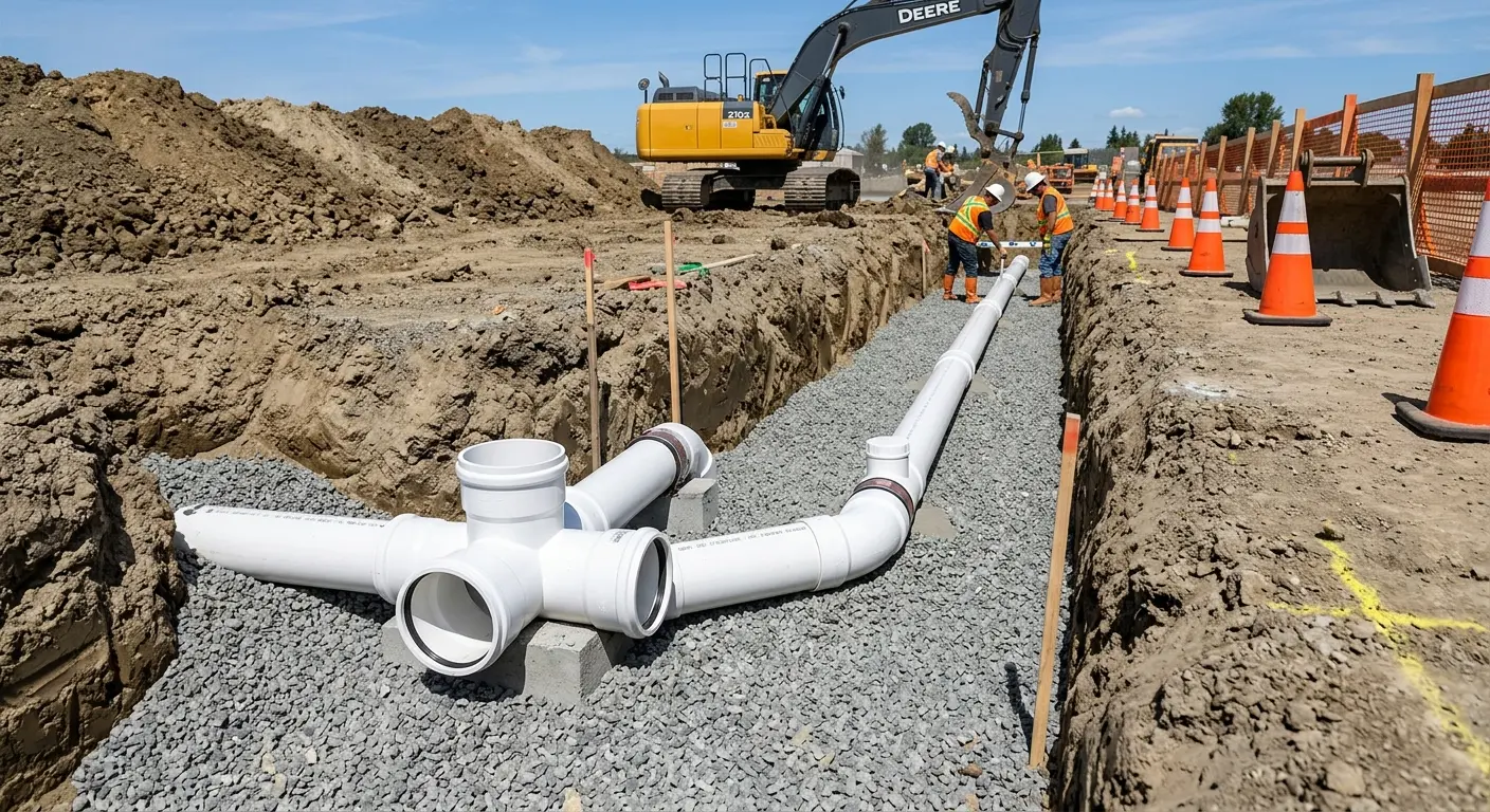 New PVC sewer pipe installation in open trench for Sewer Backup in Bear Creek