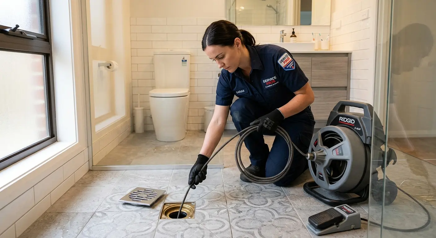 Technician clearing a bathroom floor drain for Clogged Drain Repair in Bear Creek